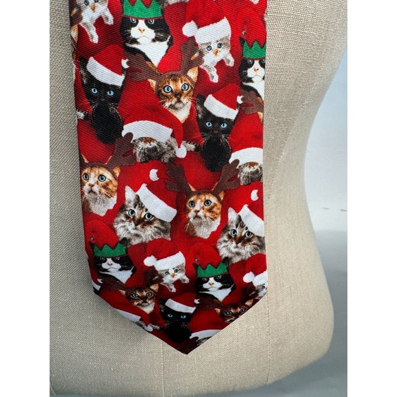 Knotty and Nice Santa Cats Holiday Christmas Tie OS Red Santa Polyester - Picture 2 of 16